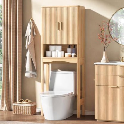 Vabches Farmhouse Over Toilet Storage Cabinet with 2 Fluted Doors,Natural