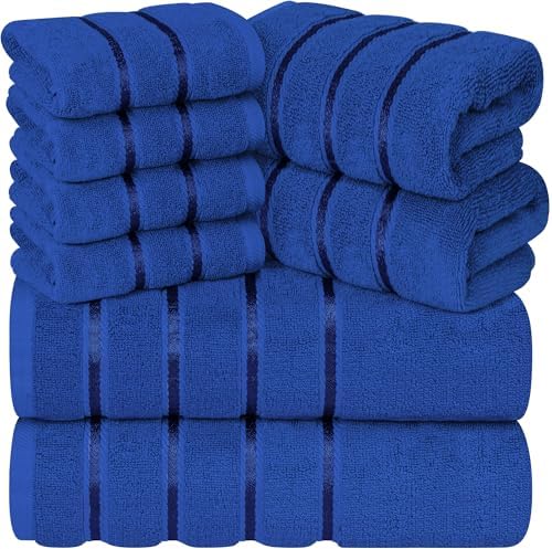Luxury Towels for Bathroom Set of 8-2 Bath Towels 2 Hand Towels 4 Washcloths - 600 GSM 100% Cotton Ring Spun Viscose Border Towels Set - Royal Blue