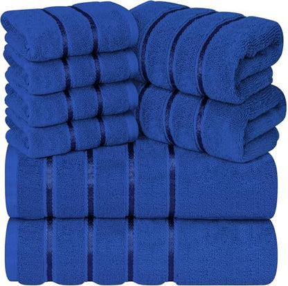Luxury Towels for Bathroom Set of 8-2 Bath Towels 2 Hand Towels 4 Washcloths - 600 GSM 100% Cotton Ring Spun Viscose Border Towels Set - Royal Blue