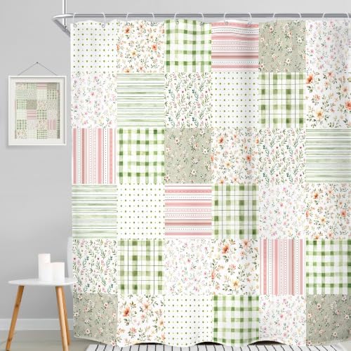 MESHELLY Extra Long Boho Floral Patchwork Shower Curtain 72Wx84H Vintage Checkered Sage Green Plaid Pink Striped Rustic Bathroom Curtain Farmhouse Bath Curtain Bathroom Accessories Decor with 12 Hooks