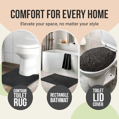 ITSOFT Standard 3pc Non-Slip Shaggy Chenille Bathroom Mat Set, Includes 24"x21" U-Shaped Contour Toilet Rug, 34"x21" Bathmat and 1 Toilet Lid Cover, Charcoal Gray