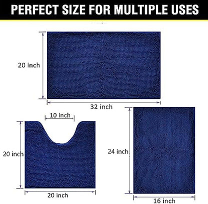 Bathroom Rugs Chenille 3-Piece Extra Soft and Absorbent Shag Bathroom Rugs, Machine Wash Mat, Strong PVC Non-Slip Underside, Plush Carpet Mats (Navy Blue)