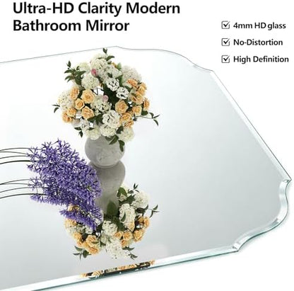 36"x 24" Frameless Beveled Wall Mirror Silver Scalloped Edge Vanity Mirror for Bathroom, Bedroom, Entryway, Modern Rectangle Wall Mounted Decorative Mirror with Shatter-Resistant Glass