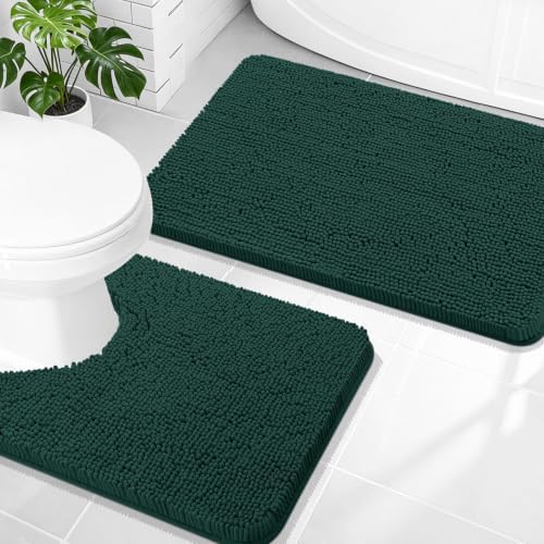 OLANLY Chenille Bathroom Rugs Sets 2 Piece, 30"x20"+24"x20", Blackish Green