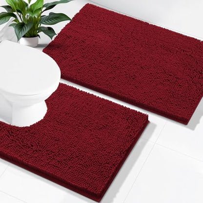 Smiry Chenille Bathroom Rugs Sets 2 Piece (24x16+ U Shape 24x20, Red)