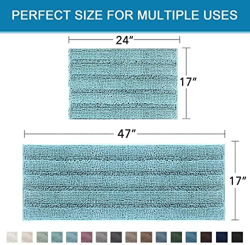 H.VERSAILTEX Bathroom Rugs Bath Mats Sets Super Absorbent Chenille Striped Bath Mats Non Skid Machine Wash Dry Rugs for Bathroom Floor Set of 2(Aqua Haze, 47 x 17 Plus 17 x 24 - Inches)