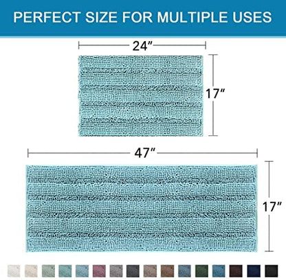 H.VERSAILTEX Bathroom Rugs Bath Mats Sets Super Absorbent Chenille Striped Bath Mats Non Skid Machine Wash Dry Rugs for Bathroom Floor Set of 2(Aqua Haze, 47 x 17 Plus 17 x 24 - Inches)