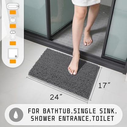 Yimobra Washable Bathroom Rugs, Super Soft & Absorbent Chenille Bath Mat for Floor & Carpet, Quick Dry Non Slip Bath Mat for Tub Shower, 24" x 17",Dark Gray