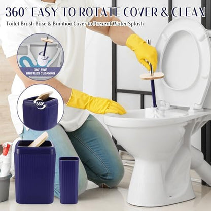 XLHOMO Navy Blue Bathroom Accessories Set 17PCS Bathroom Set with Trash Can 3PCS Lotion Soap Dispenser, Toothbrush Holder,6PCS Wood Tags Bath Accessories with Tray for Kitchen Bathroom
