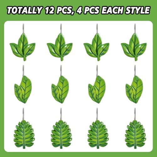 12-Piece Green Leaves Leaf Shower Curtain Hooks for Bathroom