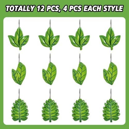 12-Piece Green Leaves Leaf Shower Curtain Hooks for Bathroom