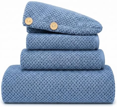 MaopaoBeauty Bath Towels for Bathroom Towel Set Shower Towels Bath Towels Set of 4 (1 Bath Towel, 1 Hair Towel, 1 Hand Towel, 1 Washcloth),Soft and Absorbent (Blue)