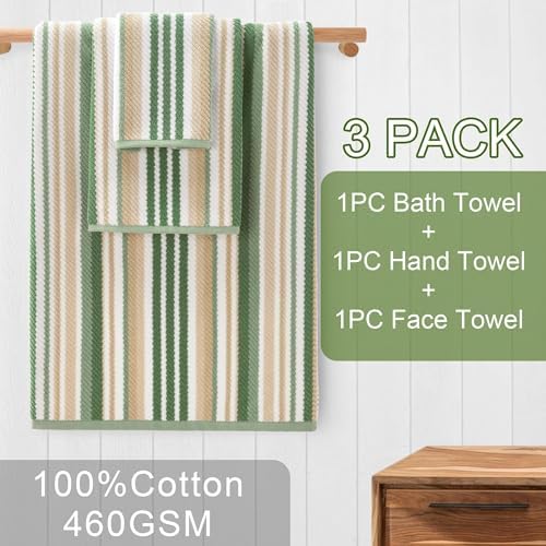 VOOVA & MOVAS Striped Towels 3 Pack, 100% Cotton, Sage Beige