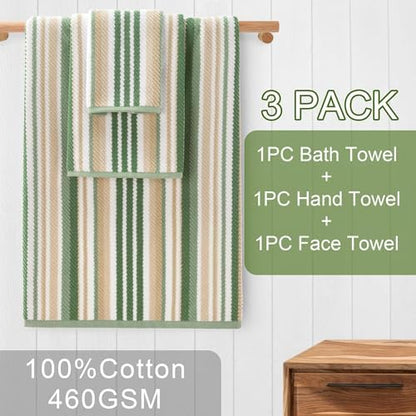 VOOVA & MOVAS Striped Towels 3 Pack, 100% Cotton, Sage Beige