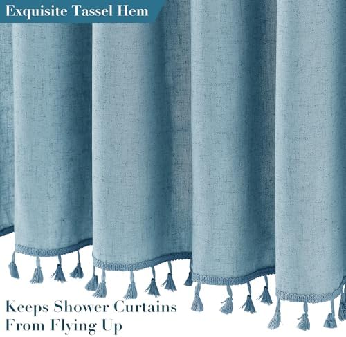 Nanspring Extra Long Blue Boho Linen Shower Curtain 84 Inch Weighted Tassel Cloth Textured Chic Bohemian Shower Curtain Set with Hooks Modern Vintage Country Aesthetic Decor for Bathroom 72x84