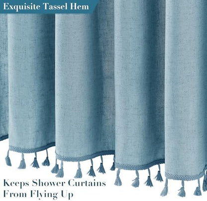 Nanspring Extra Long Blue Boho Linen Shower Curtain 84 Inch Weighted Tassel Cloth Textured Chic Bohemian Shower Curtain Set with Hooks Modern Vintage Country Aesthetic Decor for Bathroom 72x84