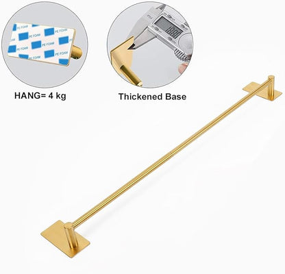 NearMoon Self Adhesive Bathroom Towel Bar- Stainless Steel Bath Wall Shelf Rack Hanging Towel Stick On Sticky Hanger Contemporary Style, NO Drilling (1 Pack, Brushed Gold, 24-Inch Towel Rack)