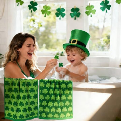 Whaline St. Patrick's Day Hand Towels Shamrock Jacquard Cotton Bathroom Towel Green Lucky Clover Absorbent Bath Towel for Kitchen Dish Drying Cleaning Cooking, 29.5 x 13.4 Inch, 2Pcs