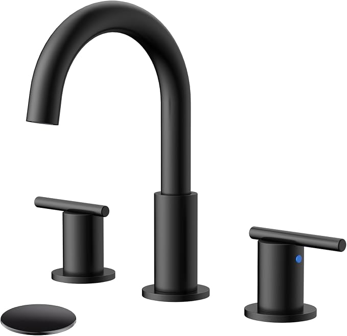 Bathroom Faucet 8 Inch, Matte Black 2 Handle Widespread Sink Faucet | Widespread faucet with 360° rotating spout, double handles and pop-up drain for bathroom vanity and sink upgrades.
