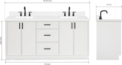 ARIEL Kelly 72-inch Bathroom Vanity with Sink,Solid Wood, 1.5-inch Carrara White Quartz Countertop & Backsplash, Double Rectangular Porcelain Sink, 4 Soft Closing Doors, 5 Dovetail Drawers, White