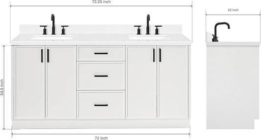 ARIEL Kelly 72-inch Bathroom Vanity with Sink,Solid Wood, 1.5-inch Carrara White Quartz Countertop & Backsplash, Double Rectangular Porcelain Sink, 4 Soft Closing Doors, 5 Dovetail Drawers, White