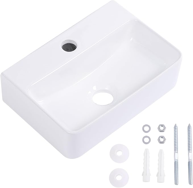 Small Wall Mount Bathroom Vessel Sink 14"x10" Rectangular Floating White Porcelain Ceramic Wall Hung Vanity Basin Sink for Tiny Home,RV,Bathroom