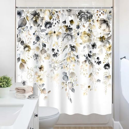 Yellow Grey Floral Gray Pastel Rustic Bathroom Shower Curtain Set