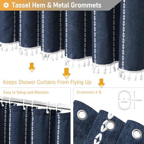 BTTN Small Boho Linen Heavy Duty Cloth Shower Curtain, 36x72, Navy Blue