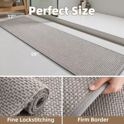 PADOOR-Bath Mat Runner-Super Absorbent Chenille Bathroom Mats-Rubber Backed Bath Mats for Bathroom Non Slip, Easy Clean Bathroom Runner Rugs Front of Bathtub,Shower Room,Sink-17×59 Grey&Beige