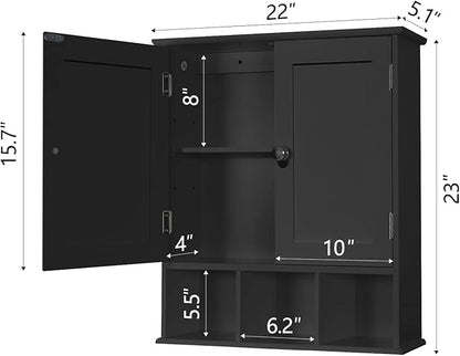 TaoHFE Black Bathroom Over The Toilet Storage Cabinet,Wall Medicine Cabinet Organizer with 2 Door Adjustable Shelves,Wooden Modern Bathroom Shelves Wall Mounted Laundry Room
