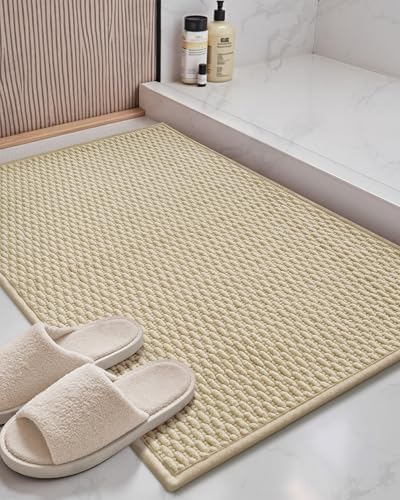 Color&Geometry 17"x29" Chenille Boho Bathroom Rug with Rubber Backing,Khaki