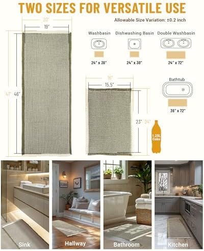 Large Waffle Bath Mat Set Non Slip, Ultra Absorbent Bath Mats for Christmas Bathroom Decor, Extra Soft Floor Bathroom Rugs Sets 2 Piece, Washable Bath Rugs Set, Green & White, 20"×47" and 16"×24"