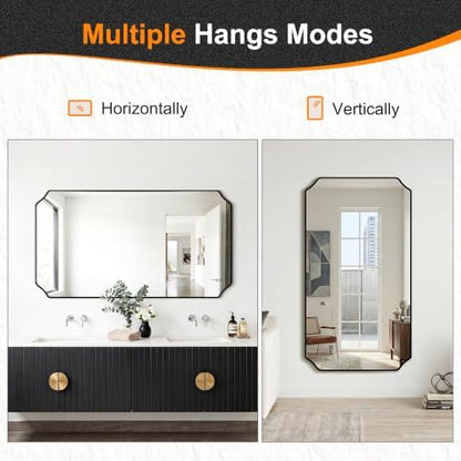 Delma Bathroom Vanity Mirror, Black Framed Aluminum Bathroom Mirror for Over Sink, Scalloped Round Corner Wall Mirror, High-Definition Vanity Mirror, Hangs Horizontally or Vertically (30x55,Black)