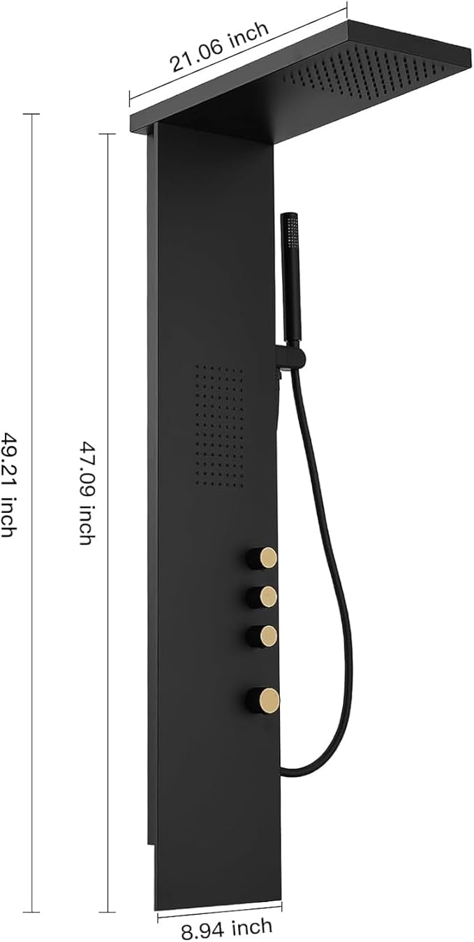 BWE 3 IN 1 Shower Panel Tower System Stainless Steel Shower Panel Rainfall Shower Head with Handheld Shower and Massage Body Jets Wall Mount Shower System,Matte Black