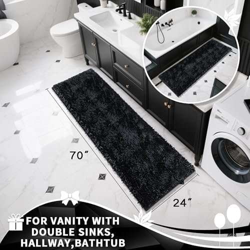 Yimobra Long Bathroom Rugs Runner 70x24 Inch, Extra Thick Soft Absorbent Chenille Bath Mat, Non Slip Machine Washable, Quick Dry Bath Rugs for Bathroom Floor, Tub and Shower, Black