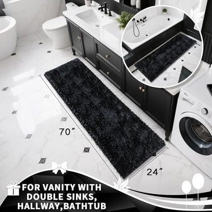 Yimobra Long Bathroom Rugs Runner 70x24 Inch, Extra Thick Soft Absorbent Chenille Bath Mat, Non Slip Machine Washable, Quick Dry Bath Rugs for Bathroom Floor, Tub and Shower, Black