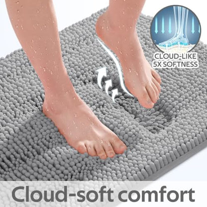 Striped Light Grey Bathroom Rug Mat Set 2 piece 24"x17"+48"x20" Ultra Soft, Non Slip Chenille Bath Rugs, Absorbent Plush Shaggy Bath Mats for Bathroom, Bedroom, Kitchen, Shower, Tub,Light Gray