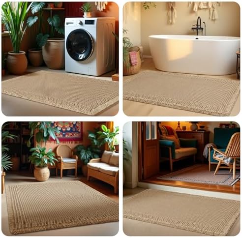 Upgrade Waffle Bath Mat, Boho Bathroom Rugs Absorbent Non Slip, Ultra Soft Bathroom Mat, Machine Washable Knit Bath Rugs with Tassels for Bathroom, Bedroom, Kitchen, Shower, Tub, Beige, 36"x24"