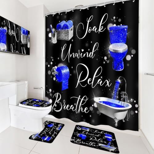 Blue Fashion Funny Quotes Modern 4Pcs Bathroom Shower Curtain Set with Rugs