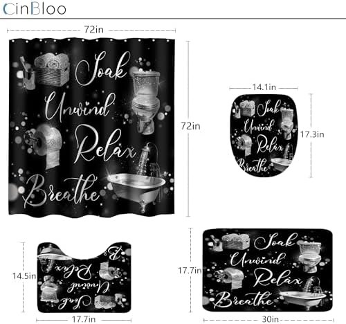 Silver Black Funny Quotes Words 4Pcs Bathroom Shower Curtain Set with Rugs