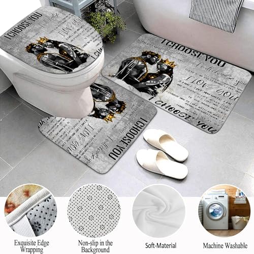 4pcs Romantic Couples Shower Curtain and Rugs Toilet Lid Cover Bath Mat, Fathers Day Full in Love Black Man Women Shower Curtain Set with Hooks, Black King Queen Bathroom Decor Set