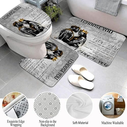 4pcs Romantic Couples Shower Curtain and Rugs Toilet Lid Cover Bath Mat, Fathers Day Full in Love Black Man Women Shower Curtain Set with Hooks, Black King Queen Bathroom Decor Set