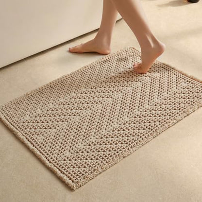 Sunfly Waffle Bath Mat, Boho Bath Rugs for Bathroom Floor Super Absorbent & Quick Dry, Non-Slip Washable Bath Mat with Tassels, Ultra Soft Farmhouse Bathroom Decor 20"*30" Beige