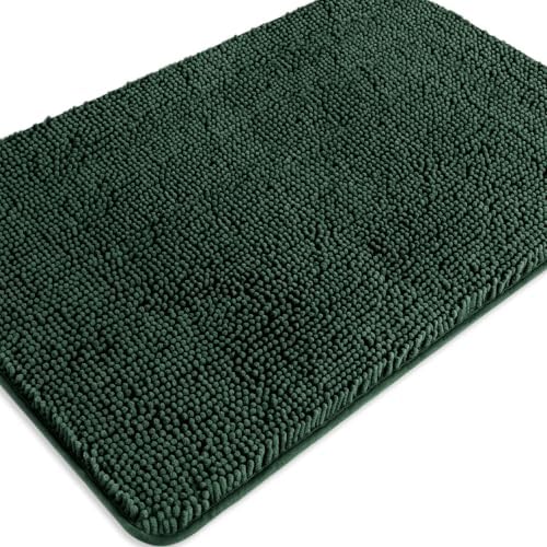 Dark Green Bathroom Rugs – Absorbent and Washable Bath Mat, Non-Slip, Thick Soft Chenille Bath Rugs for Bathroom Floor, Shower, Sink - 24" x 36"