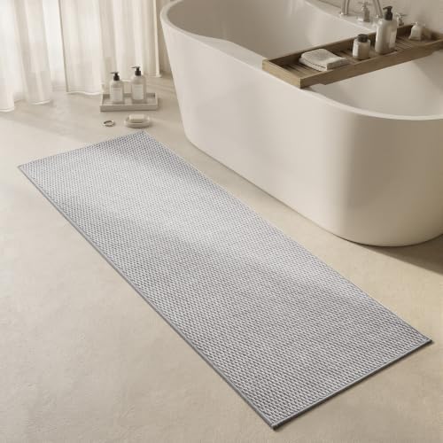 Triohero Bathroom Runner Rugs, Long Bath Mat Runner Washable Thin Quick Dry Low Pile Bathroom Runner Rugs Non Slip, Light Grey 24x70