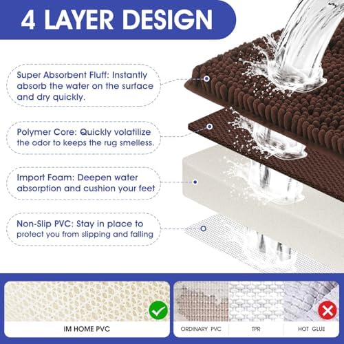 ACCUMTEK Striped Brown Bathroom Rug Mat 48"x17" Ultra Soft, Non Slip Chenille Bath Rugs, Absorbent Plush Shaggy Bath Mats for Bathroom, Bedroom, Kitchen, Shower, Tub