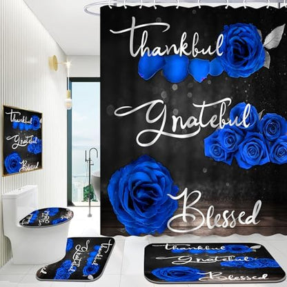 Onalasyc 4Pcs Blue Rose Floral Shower Curtain with Rugs Set
