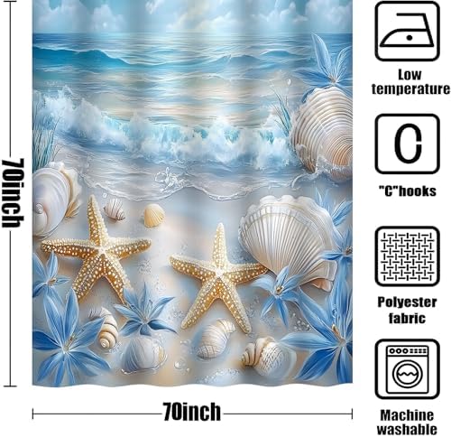 Beach Starfish Shower Curtain Sea Waves Seacoast Scenery with Sand with Various Seashells Scallop Conch Tropics Seaside Summer Coastal Ocean Theme Decorative Curtain with Polyester Fabric