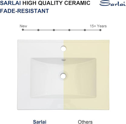 Sarlai 24 Inch Bathroom Vanity Sink Tops - White Drop In Bathroom Sink Ceramic Topmount Rectangular Vanity Top with Overflow