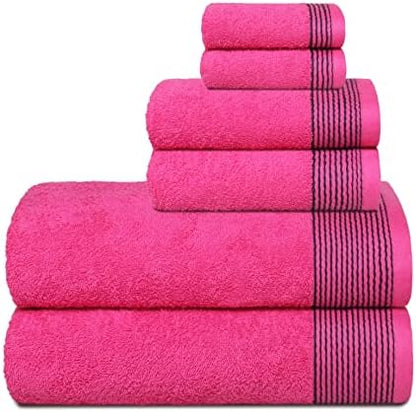 Belizzi Home 100% Cotton Ultra Soft 6 Pack Towel Set, Contains 2 Bath Towels 28x55 inchs, 2 Hand Towels 16x24 inchs & 2 Washcloths 12x12 inchs, Compact Lightweight & Highly Absorbant - Hot Pink